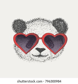 Panda with glasses in the shape of a heart. Valentine's day. postcard