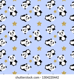 Panda with glitter stars seamless pattern on blue background. Cute design for print on baby's clothes. Vector background with smiling baby animal panda. Child style illustration.