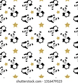 Panda with glitter stars seamless pattern on white background. Cute design for print on baby's clothes. Vector background with smiling baby animal panda. Child style illustration.