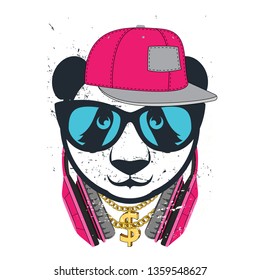 panda with gold chain and headphones in glasses and cap. Colored print for t-shirt and another, trendy apparel design. Vector illustrations  