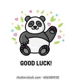 Panda good luck illustration. China bear maneki, cute smiling bear character. Flat line art isolated on white background
