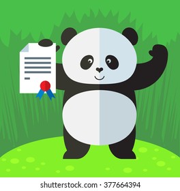 Panda  with graduation diploma. Flat style vector illustration on Green background. National emblem of China