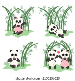 panda with green bamboo, cartoon panda, vector.