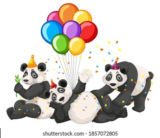 Panda group in party theme isolated on white background illustration