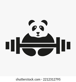 Plantilla de vectores de concepto de espacio negativo del logotipo de gimnasio de Panda. Símbolo panda Holding Fitness