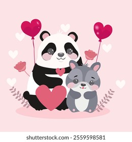 Panda and hamster with heart-shaped balloons, roses surrounded by hearts. Vector illustration of funny cute animals for Valentine's Day