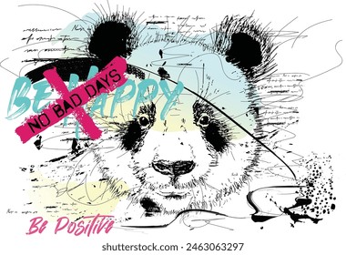 panda in hand drawing, painted with panda brush strokes, panda drawing in graffiti style, Symbolic image of a panda on a white background. street art graffiti vector for graphic t-shirts.eps8