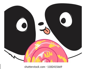 Panda. Hand Drawn Cute panda bear with sweet candy. Vector Illustration 