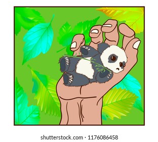 Panda in hand. Vector illustration of a small panda which lies on the palm of your hand.