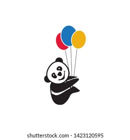 Panda Hanging from Balloons Vector; Red Blue Yellow Balloons; Playful logo