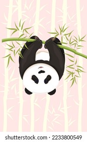 Panda hanging upside down on a bamboo branch with leaves on a background of abstract bamboo branches