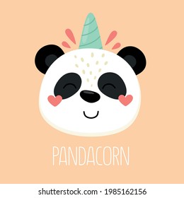 Panda. Happy and cheerful panda unicorn with the word pandacorn. Vector illustration.