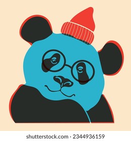 Panda in hat. Avatar, badge, poster, logo templates, print. Vector illustration in a minimalist style with Riso print effect. Flat cartoon style 