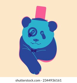 Panda in hat. Avatar, badge, poster, logo templates, print. Vector illustration in a minimalist style with Riso print effect. Flat cartoon style 