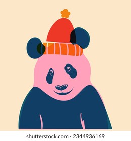 Panda in hat. Avatar, badge, poster, logo templates, print. Vector illustration in a minimalist style with Riso print effect. Flat cartoon style 