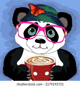 Panda in a hat and coffee.Vector illustration with a panda in a hat, glasses and a cup of coffee.