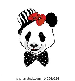 panda in hat with poppies, vector bear panda portrait with bow, fancy animal portrait