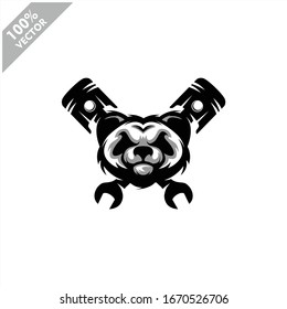 Panda head auto repair and custom Garage Vintage style logo. Design element for company logo, label, emblem, sign, apparel or other merchandise. Scalable and editable Vector illustration.