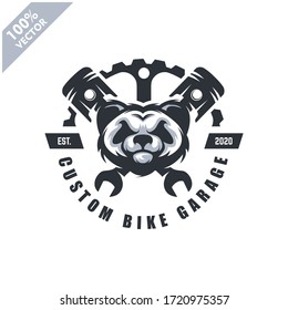 Panda head auto repair and custom Garage Vintage style logo. Design element for company logo, label, emblem, sign, apparel or other merchandise. Scalable and editable Vector illustration.
