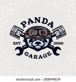 Panda head auto repair and custom Garage  logo. Design element for company logo, label, emblem, sign, apparel or other merchandise. Scalable and editable Vector illustration.