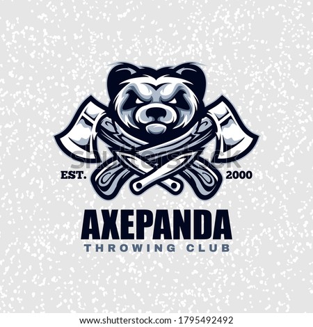 Panda head with axes and knifes, throwing club logo. Design element for company logo, label, emblem, apparel or other merchandise. Scalable and editable Vector illustration.