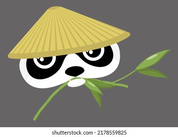 A panda head in a Chinese hat is eating bamboo. The Chinese panda is under threat of extinction. Cartoon panda with bamboo in mouth. Doodle vector illustration.