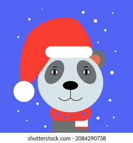 Panda head in Christmas hat. New Year and Christmas theme. Vector illustration in a flat style