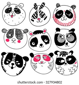 Panda head doodle set on white background.Vector illustration. Sketch for tattoo or coloring book. Animal collection.