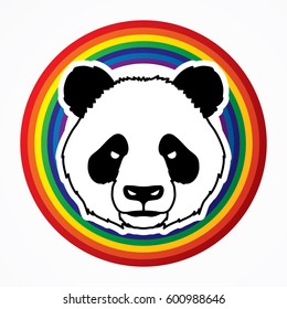 Panda head face front view designed on line rainbows background graphic vector.