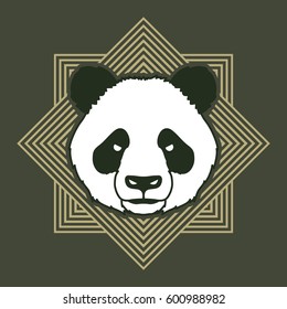 Panda head face front view designed on grunge circle line square background graphic vector.