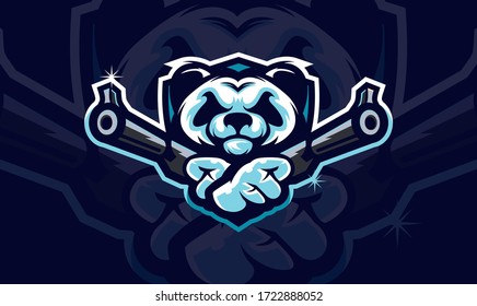 El jefe de Panda sostiene dos armas, equipo táctico, arma Airsoft o logo del club de fútbol. Elemento de diseño para el logotipo, la etiqueta, el emblema, la vestimenta u otra mercancía de la empresa. Ilustración de vectores escalable y editable