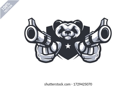 Panda head holding two gun, tactical team, Airsoft gun or Paintball club logo. Design element for company logo, label, emblem, apparel or other merchandise. Scalable and editable Vector illustration