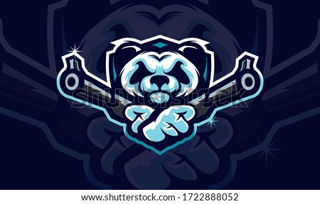 Panda head holding two gun, tactical team, Airsoft gun or Paintball club logo. Design element for company logo, label, emblem, apparel or other merchandise. Scalable and editable Vector illustration