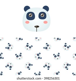 Panda Head Icon And Seamless Decorative Pattern In Childish Style  Flat Vector Print On White Background