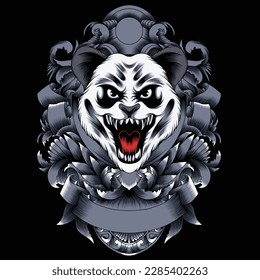 panda head illustration with baroque ornament
