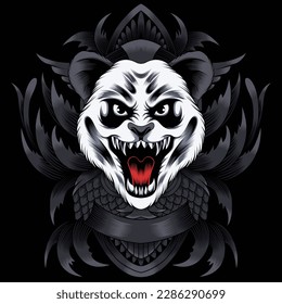 panda head illustration with baroque ornament