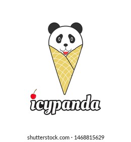 panda head inside of ice cream cone, playful logo mascot for ice cream