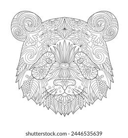 Panda head line art for children or adult coloring book. Vector graphic, coloring page. Hand-drawn with ethnic floral doodle pattern. Zendala, spiritual relaxation. Zen doodles
