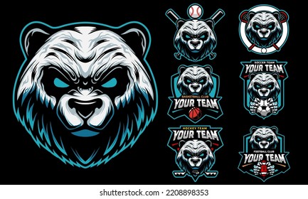 Panda Head Mascot Logo With Logo Set For Team Football, Basketball, Lacrosse, Baseball, Hockey , Soccer .suitable For The Sports Team Mascot Logo .vector Illustration.