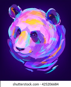 The panda head on black background. Retro design graphic element. This is illustration ideal for a mascot and tattoo or T-shirt graphic. Stock illustration