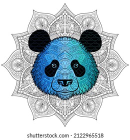 Panda head pattern on ornament background. Portrait of giant panda isolated on white background. Painted ethnic ornament. Chinese style. Tribal ornament painted by hand. Series ethnic animals. Vector.