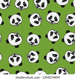 Panda head seamless pattern. Vector hand drawn illustration on green background. Surface design