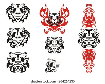 Panda head tattoos symbols. Tribal black and white panda bear head mascot and panda head in fire 