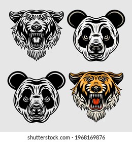 Panda head and tiger head cartoon characters. Animals set of vector objects in two styles colored and black and white
