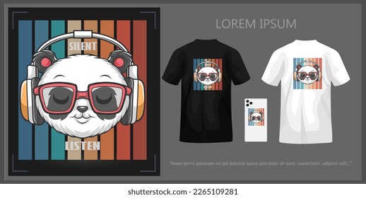 Panda head t-shirt design listening to music using earphones, complete with mockup.