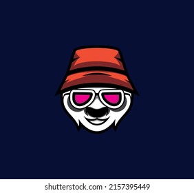 Panda head vector illustration. cool panda head
wearing an orange hat and pink glasses on a blue background