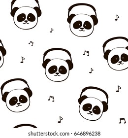 Panda, headphone. Seamless pattern. Vector cartoon illustration isolated on white. Funny, cute animal. Fabric textile, print card, pillow, t-shirt