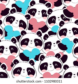 Panda with heart background. Panda Bear Seamless Pattern.