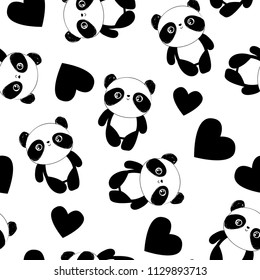 Panda with heart background. Panda Bear Seamless Pattern.