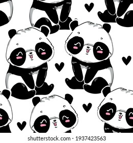 Panda with heart background. Hand drawn Panda Bear Print Seamless Pattern.
